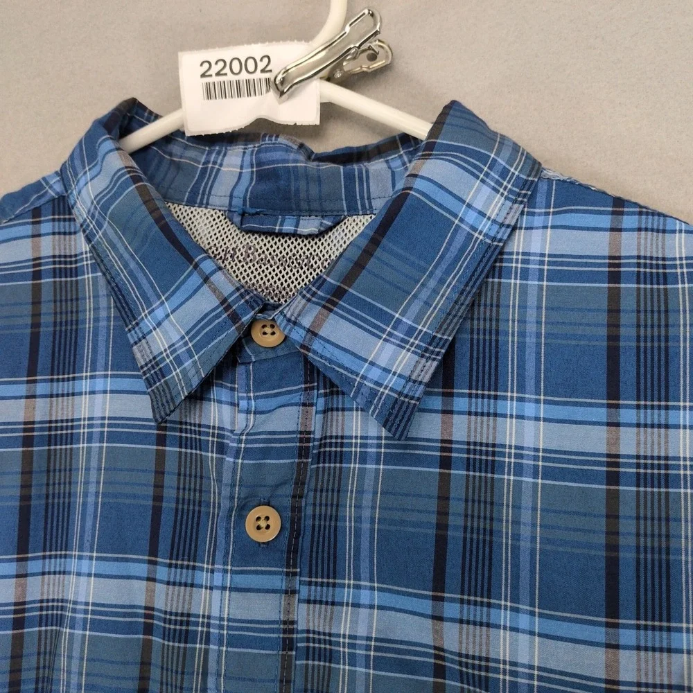 G.H. Bass Blue Plaid Outdoor Button Shirt Mens L Roll Tab Sleeves Hiking Camping